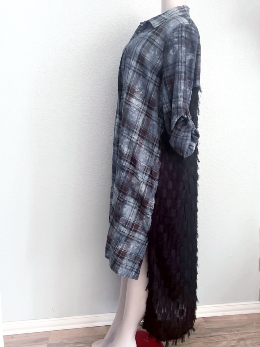 Plaid Linen Fringed Tab Sleeve Jacket Hi/Lo Lagenlook Western Boho L/XL - Picture 6 of 10